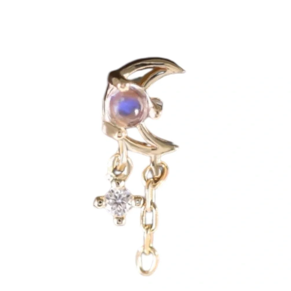 18G 14K Yellow Solid Gold Moonstone Dangle Stud - Picture 1 of 2